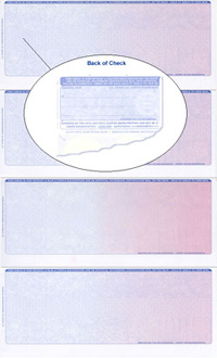 844_R-199 Blank 4 Per Page, 14 Laser Check Stock - Red-Blue Prismatic Fingerprint Security Legal Size Checks