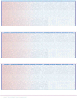 916_R-199 Blank 3 Per Page Laser Check Stock - Red-Blue Prismatic Fingerprint Security Laser Checks.