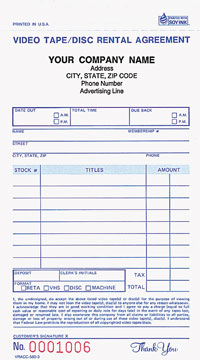 VRACC580 Video Tape/DVD Rental Agreement Form, Snap-A-Part - Carbonless